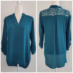 💘Rewind Teal Long Tunic Blouse with Lace Shoulder Detail Size Medium